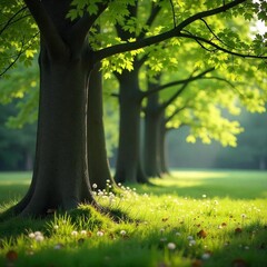 Tranquil Spring Forest with River and Towering Beech Trees