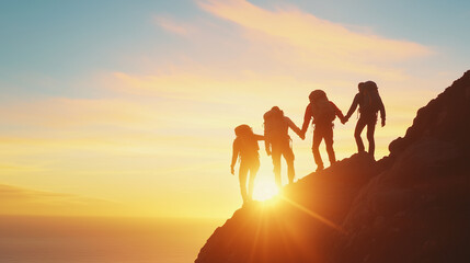Fototapeta premium Hikers Silhouetted Against Sunset on Mountain Cliff Near Ocean Shore