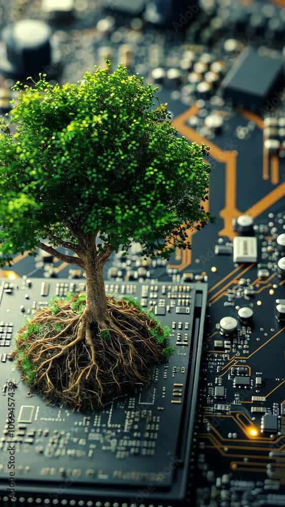 Poster tree growing from microchip symbolizing green technology