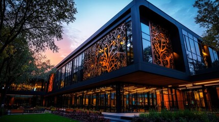 Fototapeta premium An architecturally stunning modern building, featuring intricate artistic lattice designs on its facade, stands elegantly against the backdrop of an evening sky.