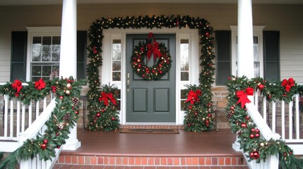 Charming front porch adorned with festive green and red wreath, garlands, and twinkling lights