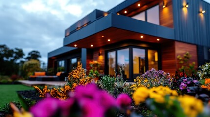 Obraz premium A contemporary home featuring sleek architecture and soft lighting, nestled within a vibrant garden, accentuating modern design and calm ambiance under an overcast sky.