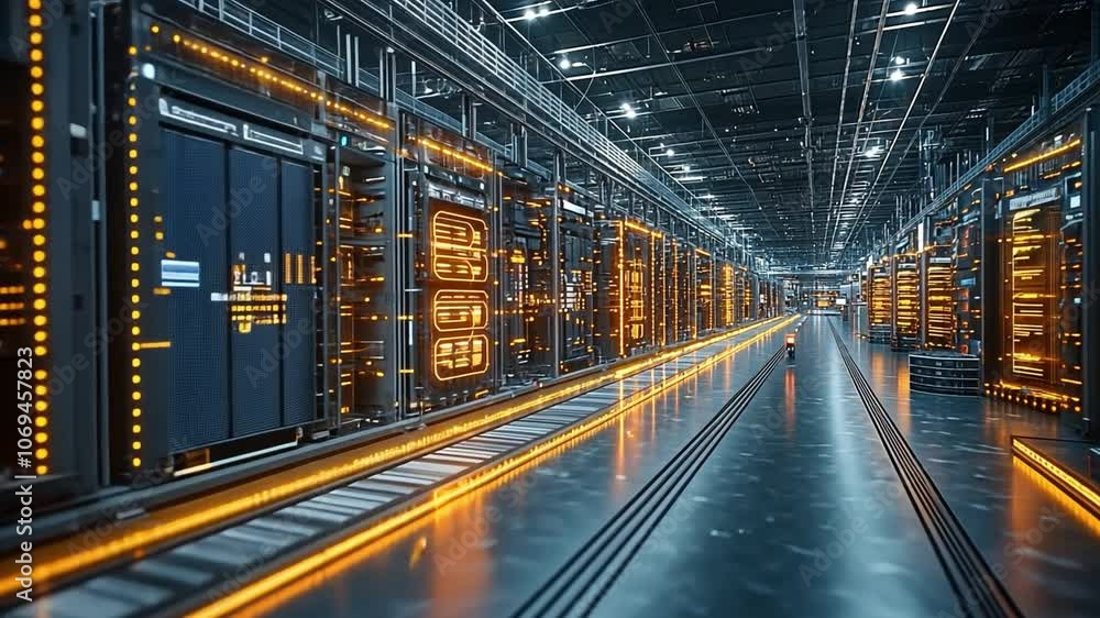 Poster a modern data center filled with illuminated servers and high-tech equipment in operation