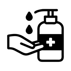 Fototapeta premium Icon of hand sanitizer bottle with hand on white background, minimalistic design, copy space