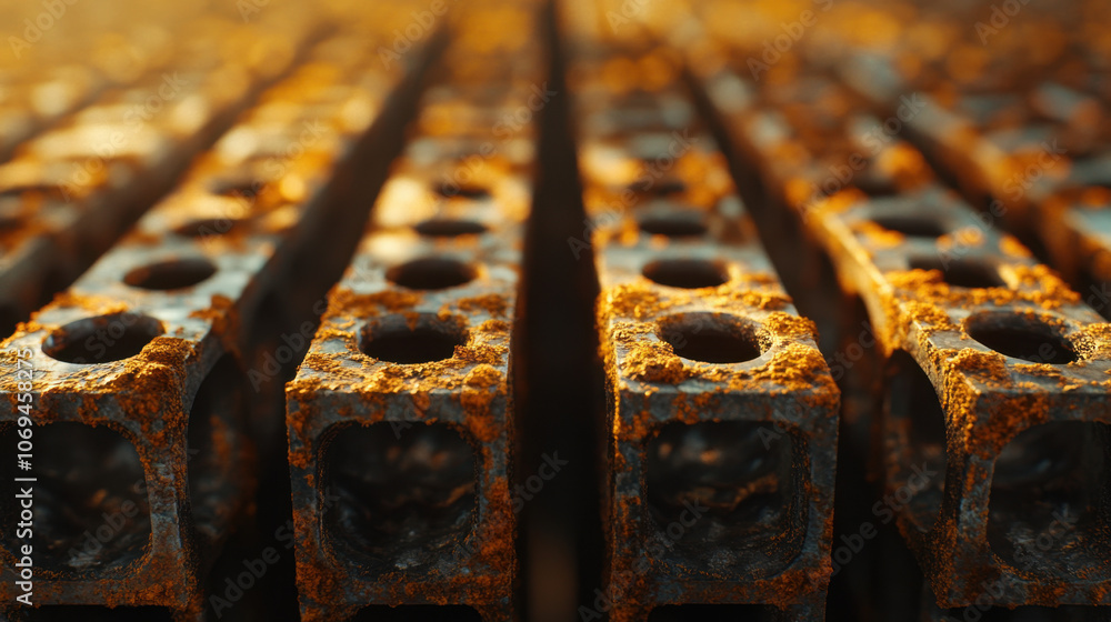 Poster a close-up view of rusty metal bricks arranged in parallel, highlighting textures and colors with a 