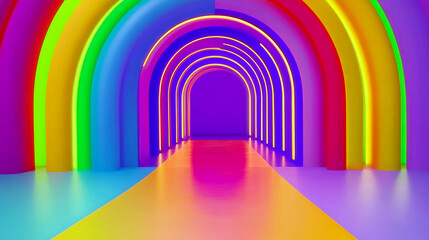 Colorful arches form a vibrant, neon-lit tunnel. Concept of modern, artistic, and whimsical pathways.