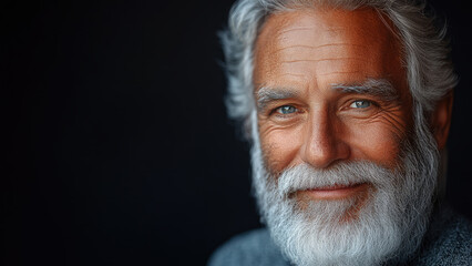 Elderly Man with Glasses and Gray Beard Smiling Against Dark Background
