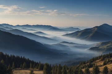 Obraz premium Misty morning over rolling mountains with lush forests in a serene landscape