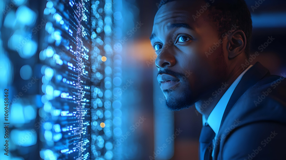 Poster man looking at blue screen with code realistic image