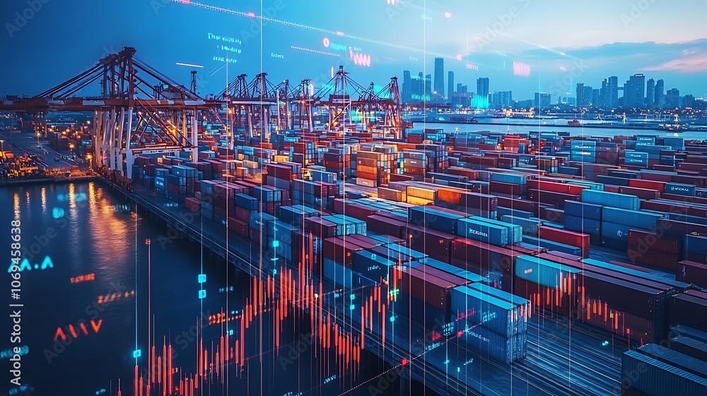 Poster graph with columns on the background of shipping containers in the seaport, decline or growth of exports and imports, logistics expenses