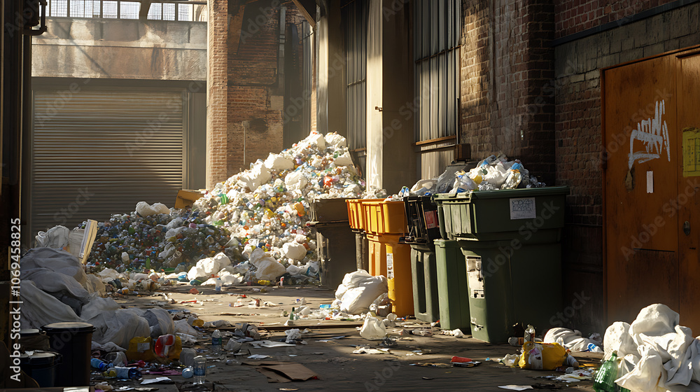 Poster huge garbage piles next to the dumpsters, stacks of litter bags, overflow trash cans and bottles on 