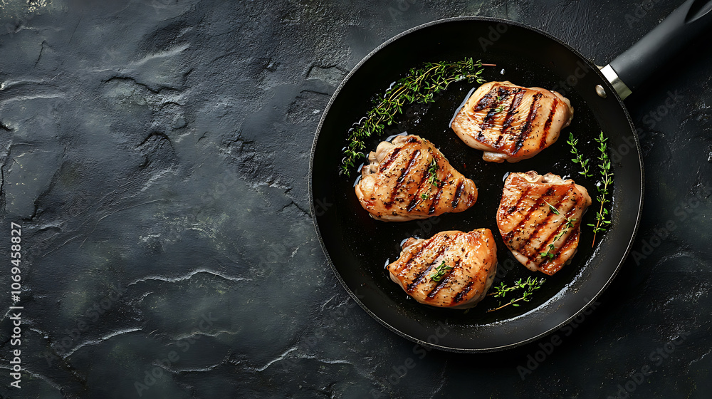 Poster grilled chicken thighs in a frying pan with fresh thyme, view from above, flatlay, empty space