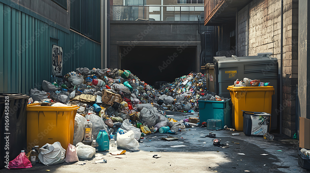Poster huge garbage piles next to the dumpsters, stacks of litter bags, overflow trash cans and bottles on 