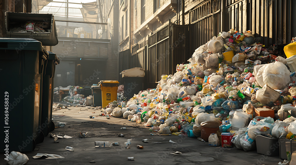 Poster huge garbage piles next to the dumpsters, stacks of litter bags, overflow trash cans and bottles on 