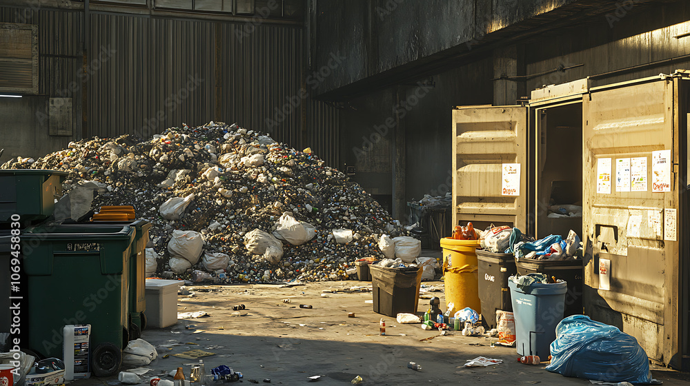 Poster huge garbage piles next to the dumpsters, stacks of litter bags, overflow trash cans and bottles on 