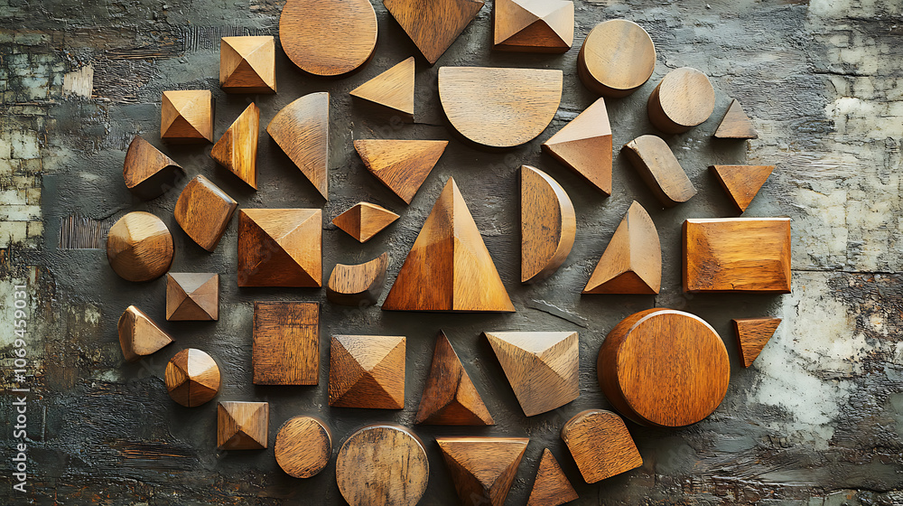 Poster network symbol made from wooden shapes and arranged in a circle