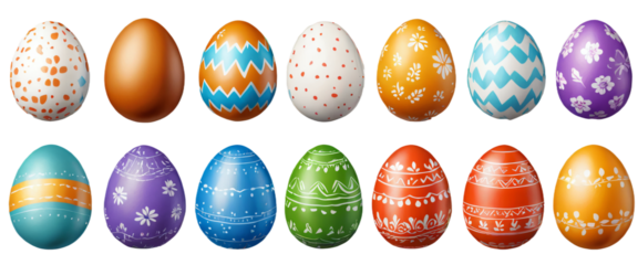 various painted Easter eggs isolated on transparent background