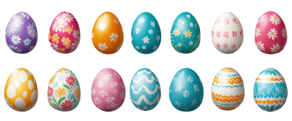 various painted Easter eggs isolated on transparent background