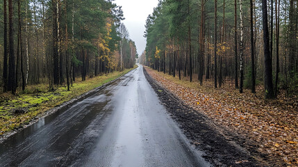 Fototapeta premium straight asphalt road in the middle of the forest in rainy weather