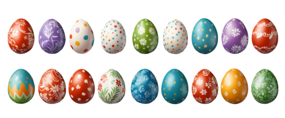 various painted Easter eggs isolated on transparent background