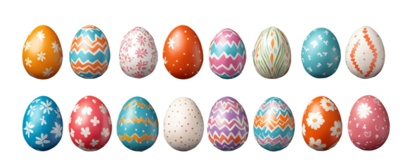 various painted Easter eggs isolated on transparent background