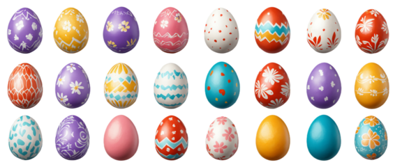 various painted Easter eggs isolated on transparent background