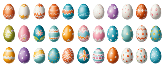 various painted Easter eggs isolated on transparent background
