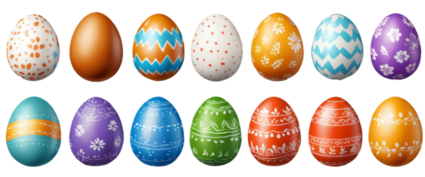 various painted Easter eggs isolated on transparent background