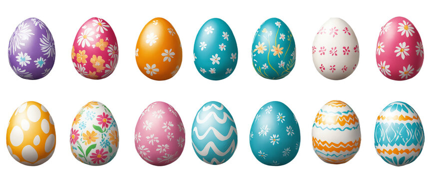 various painted Easter eggs isolated on transparent background