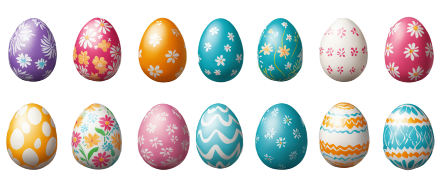 various painted Easter eggs isolated on transparent background