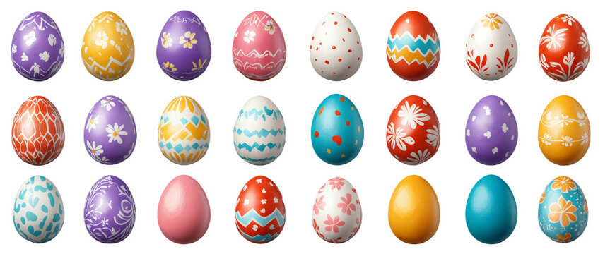 various painted Easter eggs isolated on transparent background
