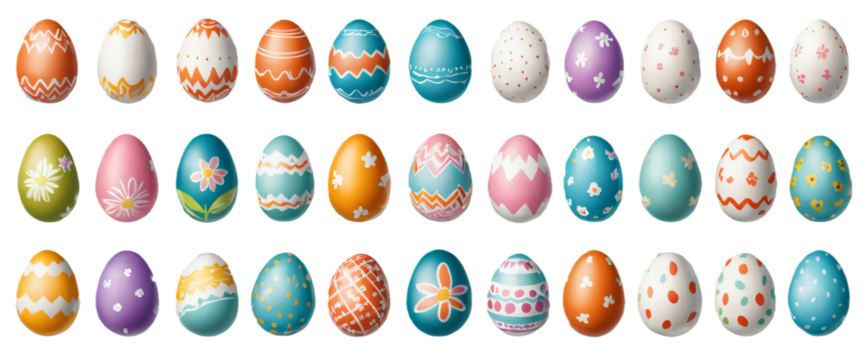 various painted Easter eggs isolated on transparent background