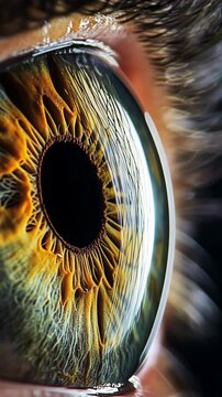Human eye displaying a dilating pupil with intricate color variations