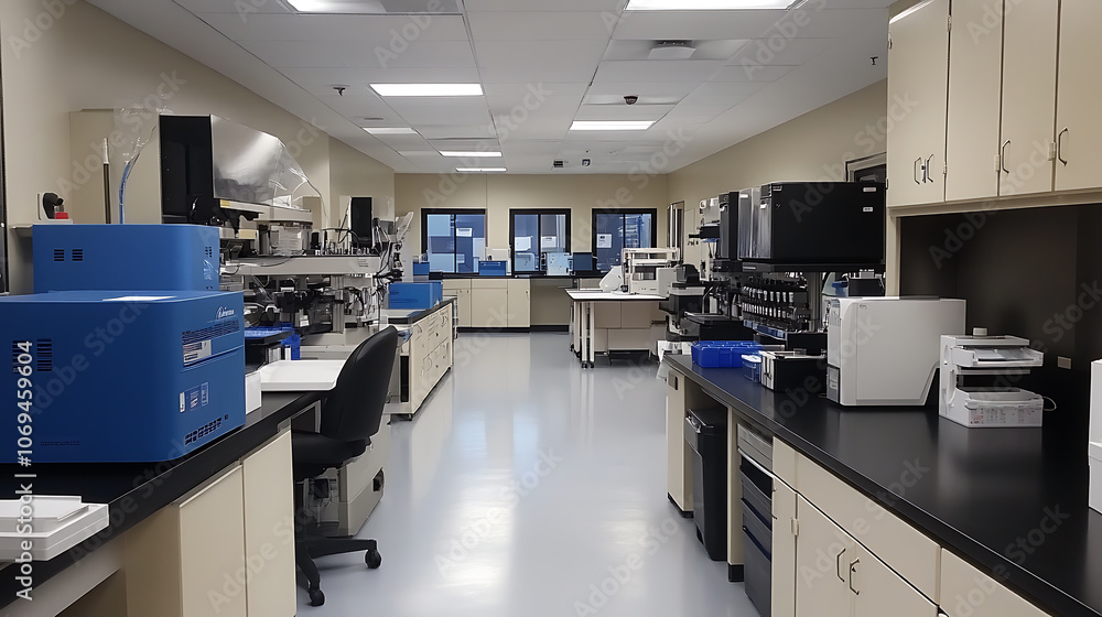 Poster a clean laboratory lab with many lab equipment and high tech equipment