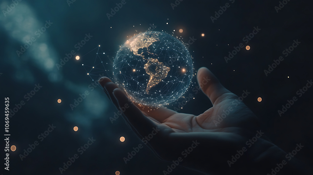 Poster a hand holding an image of the earth and dots connected in a digital world