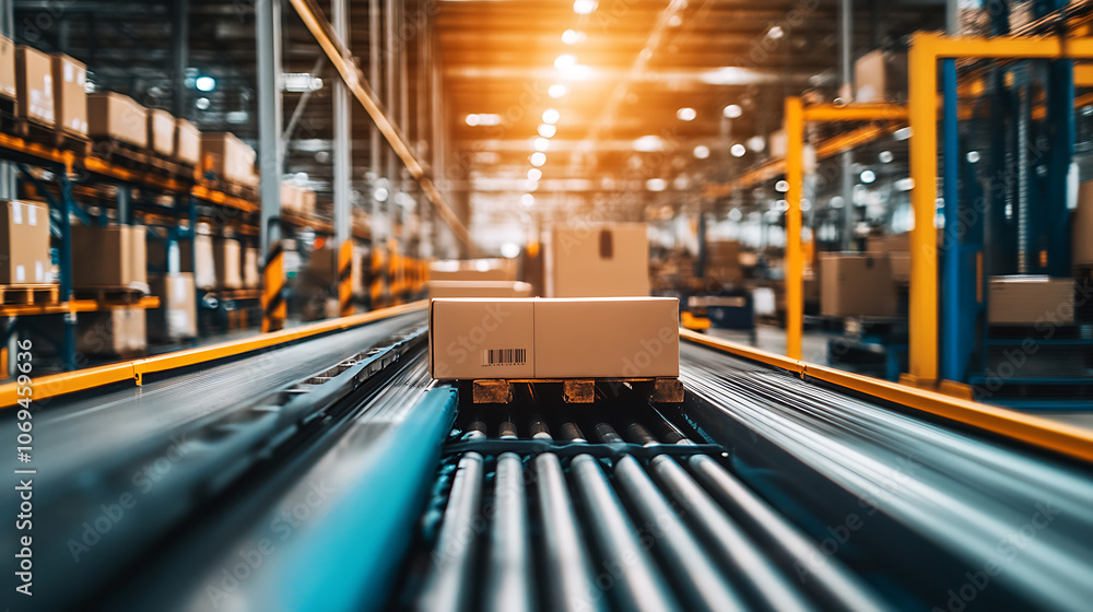 Poster a conveyor belt with boxes on it moving through a warehouse