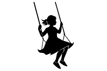 Silhouette girl plays swinging swing. Vector illustration
