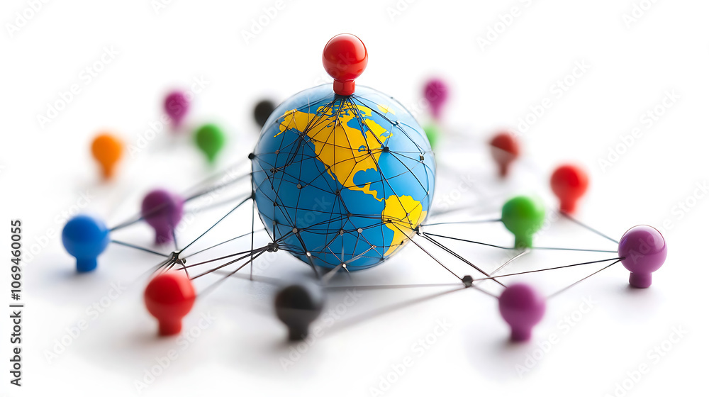 Poster global social network with connected dots in globe