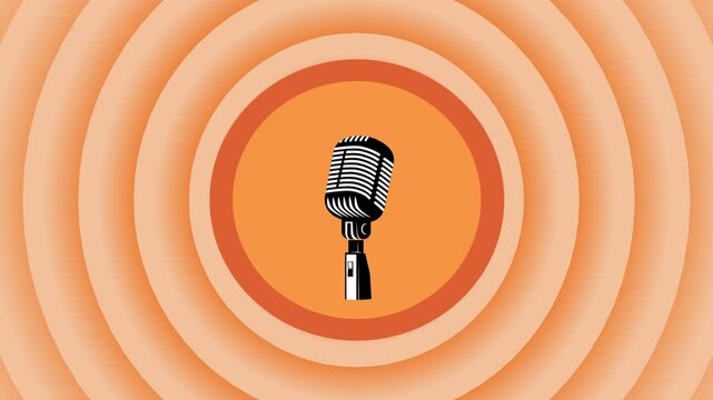 Orange concentric circles backdrop retro microphone for music event posters, podcast cover designs, vintagethemed websites, and promotional materials.