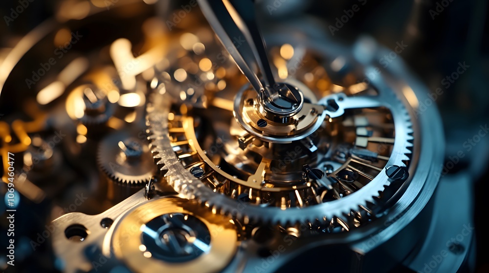 Poster a close up of a watch with a tiny screwdriver in the middle of the dial. the watch is made of metal 