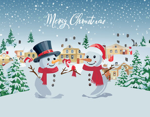 christmas card with snowman and gifts