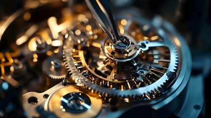 Fototapeta premium A close up of a watch with a tiny screwdriver in the middle of the dial. The watch is made of metal and has a gold finish. Concept of precision and craftsmanship