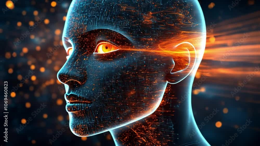 Poster a futuristic ai glowing with data and light in a digital environment