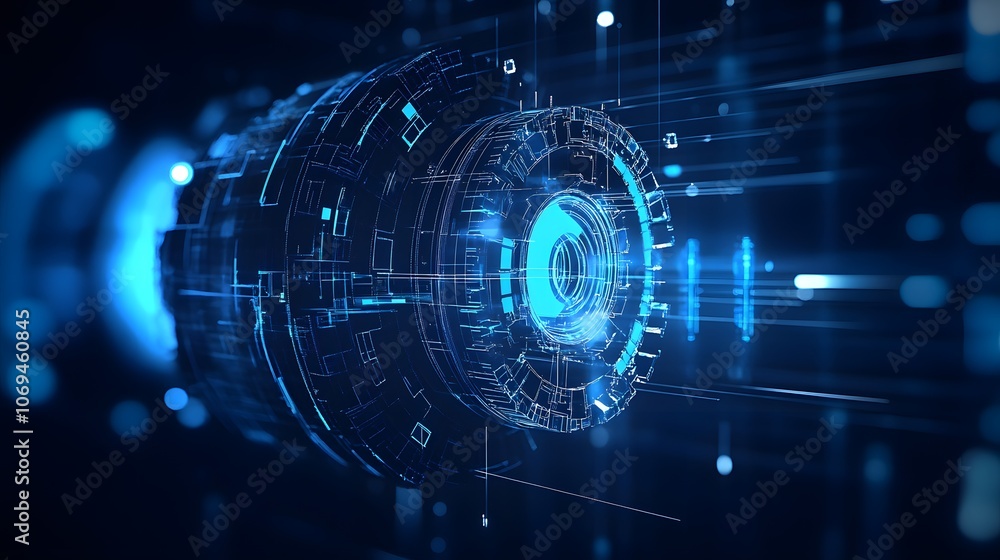 Poster the image is a futuristic design featuring a blue and white object with a blue circle in the center.