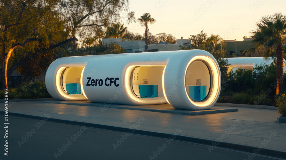 Poster a white cylindrical structure with the text 