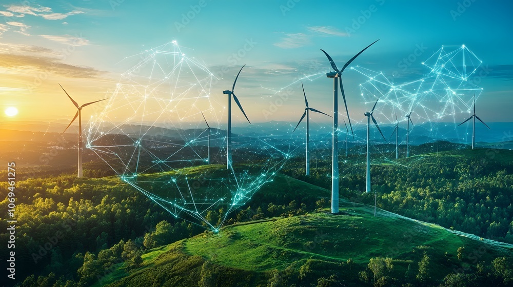 Poster a field of wind turbines with a blue sky in the background. the turbines are connected to a network 
