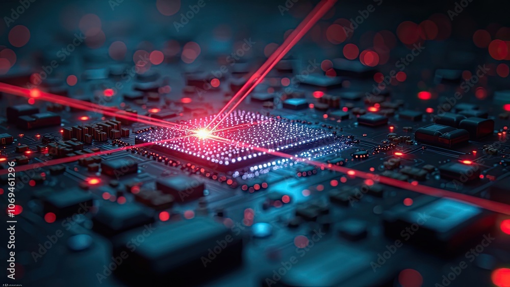 Poster intricate close-up view of a computer chip illuminated by lasers in a dark environment showcasing te