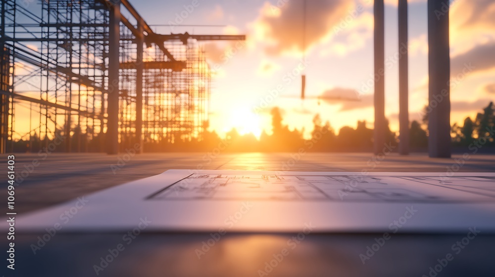 Poster a construction site at sunset, featuring blueprints on the ground and scaffolding structures against