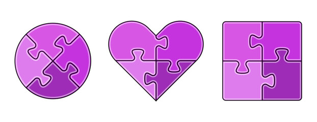 Round, heart, rectangle shape purple puzzle vector. 4 piece three dimensional puzzle set. Collection of puzzle to use for business, strategy, teamwork, love, infographics, romantic project. 