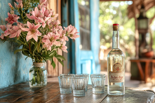 Colombian aguardiente bottle with shot glasses on a rustic table.